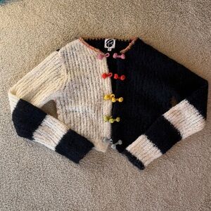 YanYan Snowy Crop Cardigan in Ivory/Midnight Fluffy Bouclé